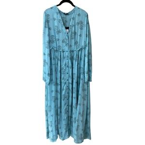 NWT GRIZAS Blue Rose Print Silk Bamboo Maxi Button Front Tiered Dress Medium